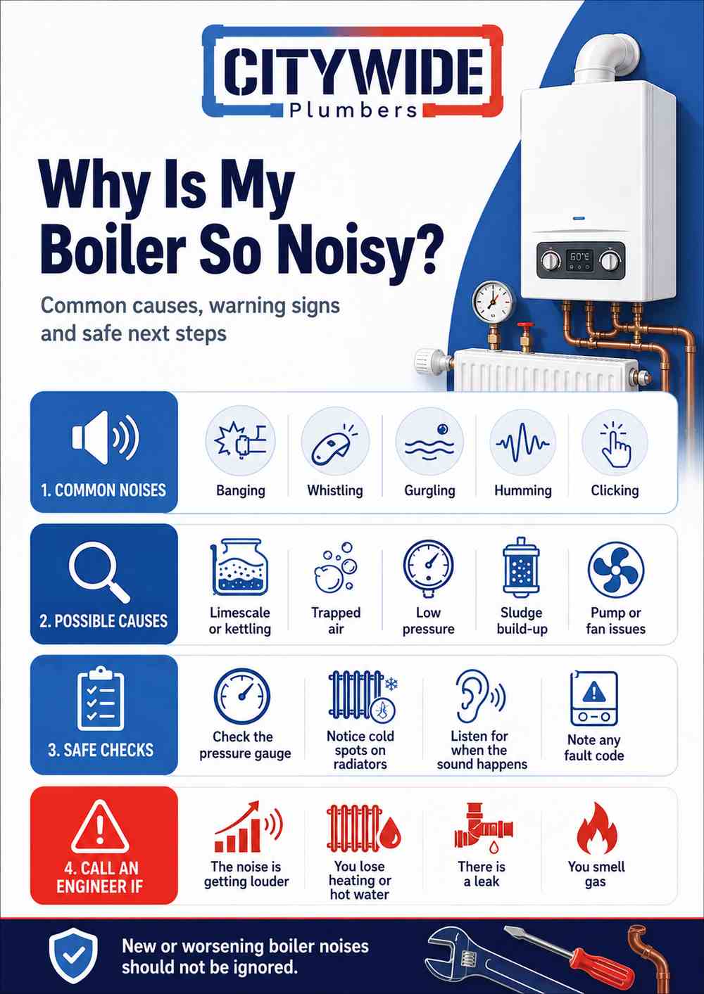 Why Is My Boiler So Noisy infographic by Citywide Plumbers